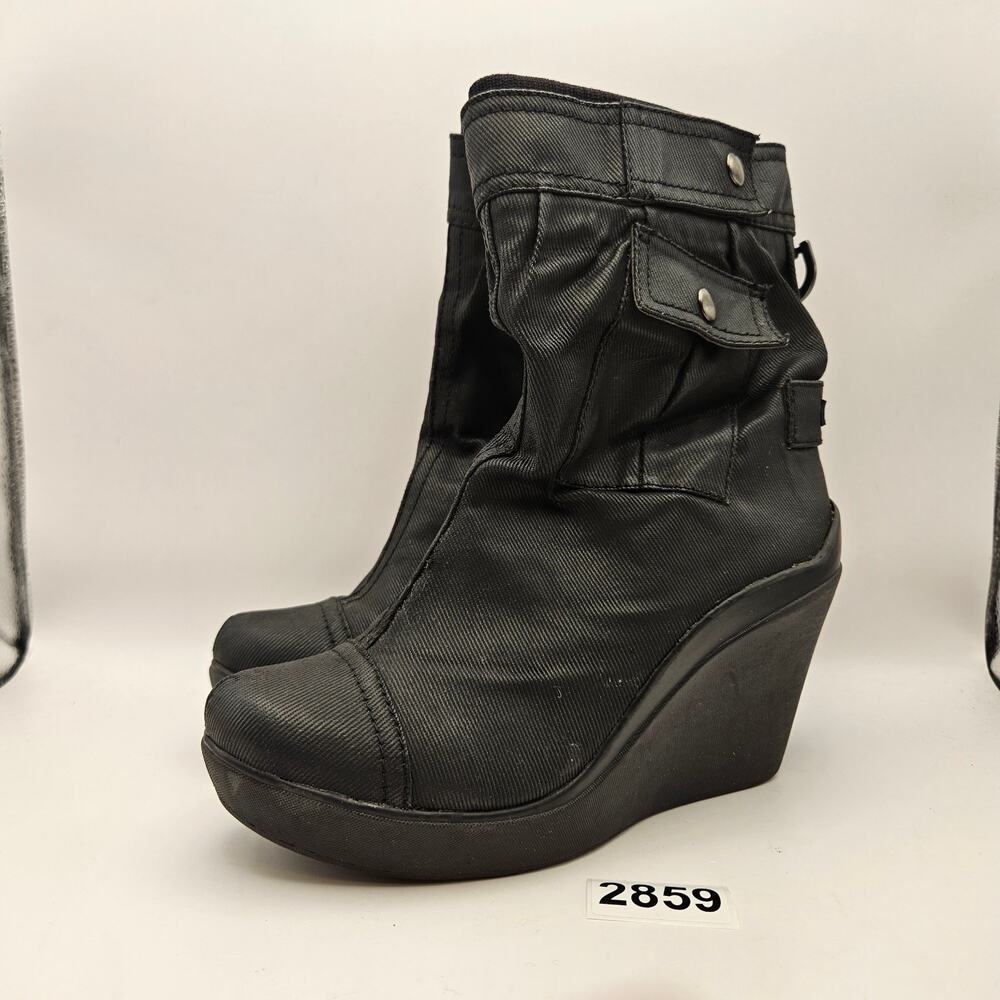 DKNY VINTAGE Y2K WOMEN'S 8 GILLIAN WATERPROOF CANVAS WEDGE BLK POCKET RAIN BOOTS
